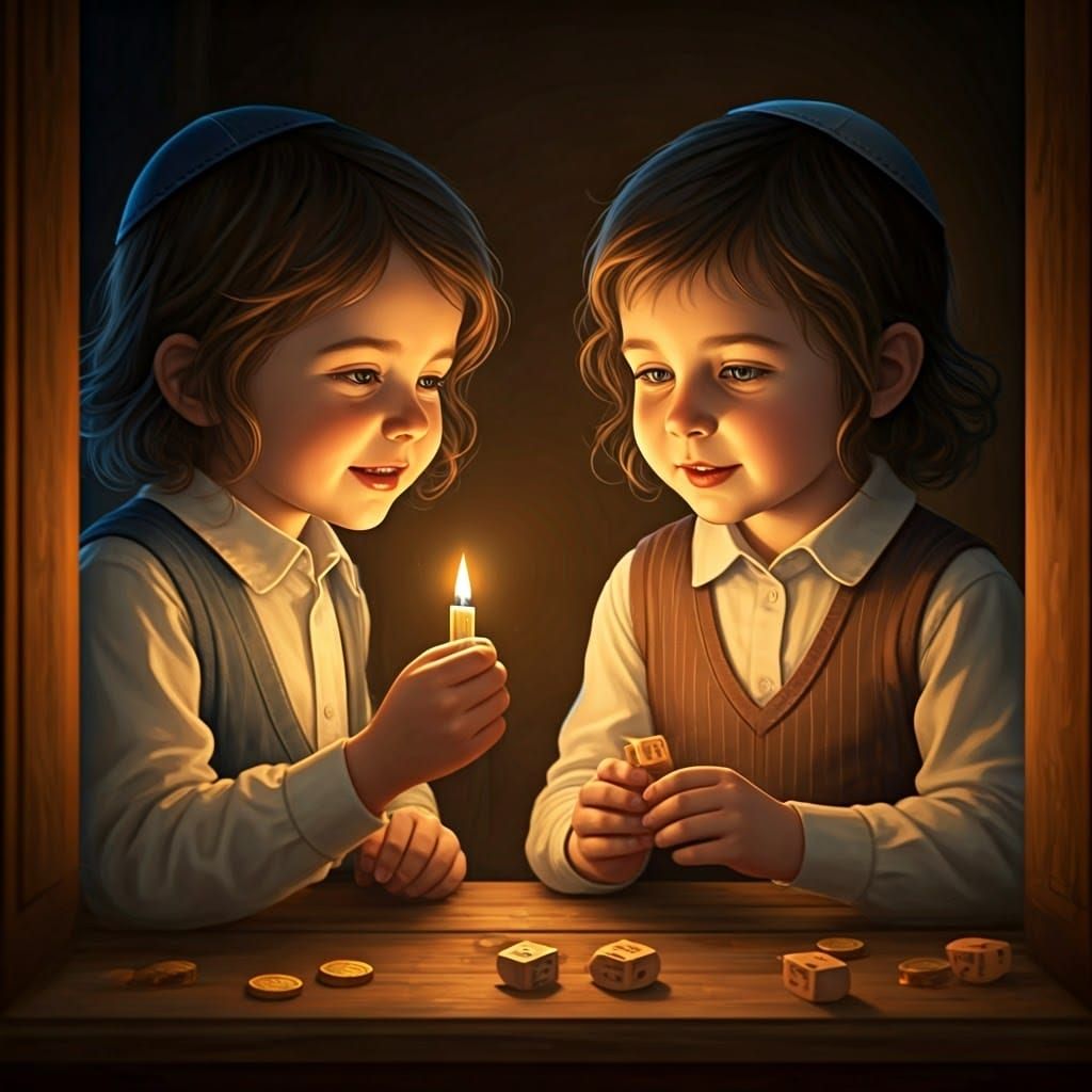 Golden Hanukkiah Illuminates Joyful Jewish Children