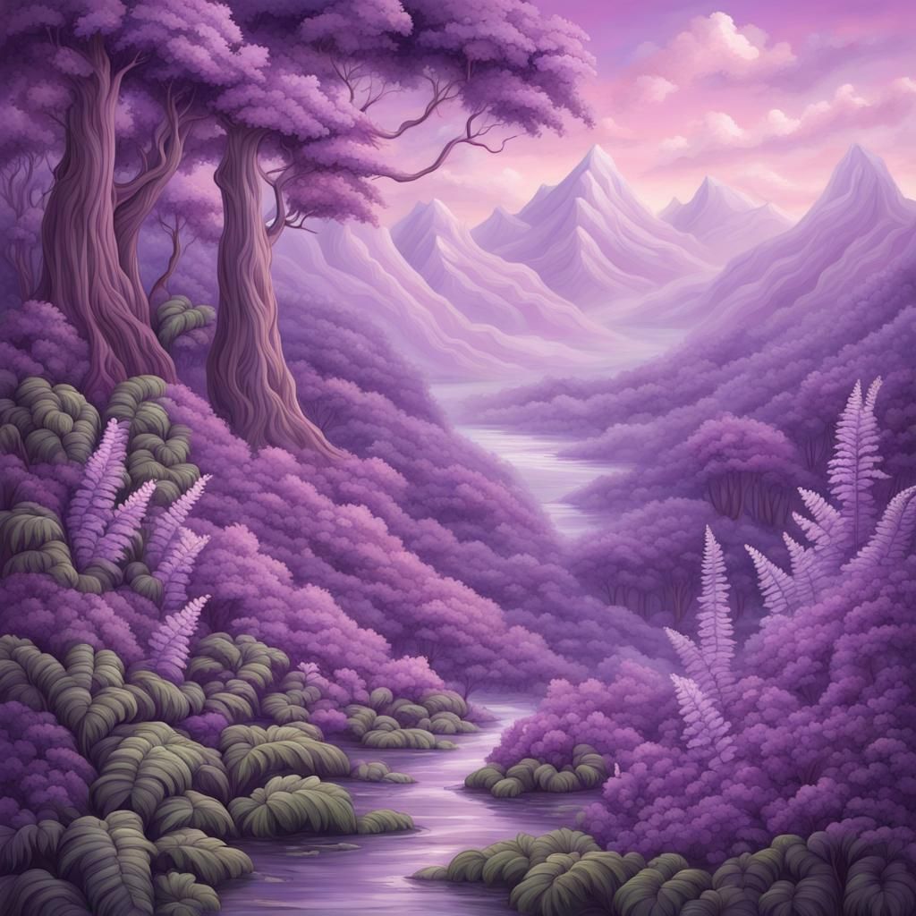 lilac and fern colored fantasy landscape