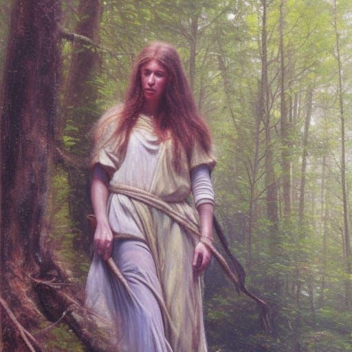 wild woman in ancient forest