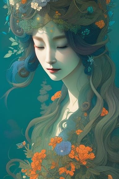 Beautiful cute front portrait of an elvish deity, long hair in motion, herbs and blue pastel colors, ...  by @blenta