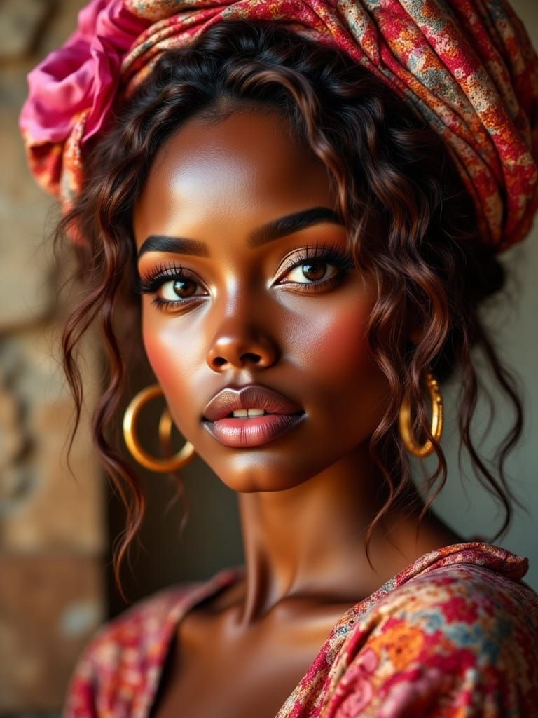 Elegant Woman with Auburn Braids and Vibrant Headscarf