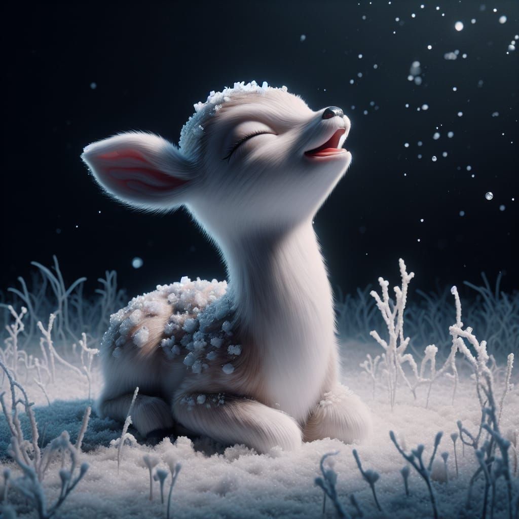 Cute Baby Deer Enjoys Winter Snowfall