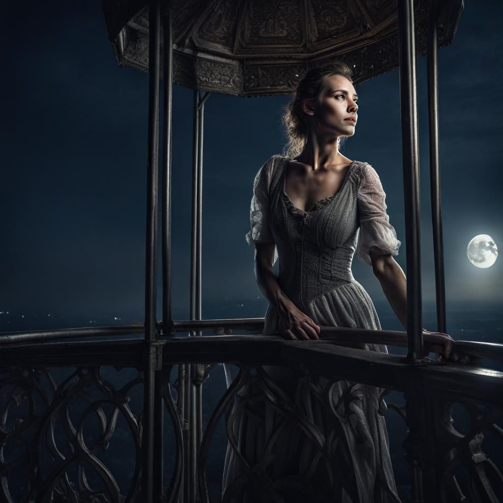 Portrait of a woman on a tall tower by moonlight