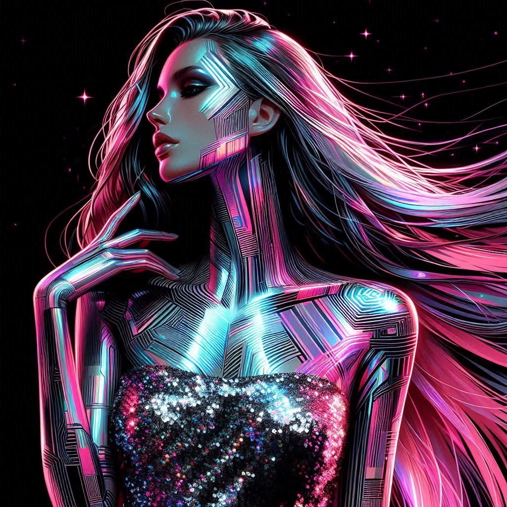 hajime sorayama 1980s retro futurism, irridescent zebra skin, female fashion model. long flowing hair, sequin dress. chr...