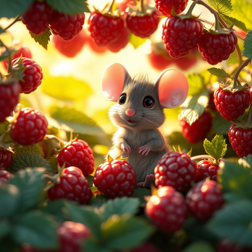 Surreal Whimsy of a Mouse Among Raspberries in 3D - AI Art
