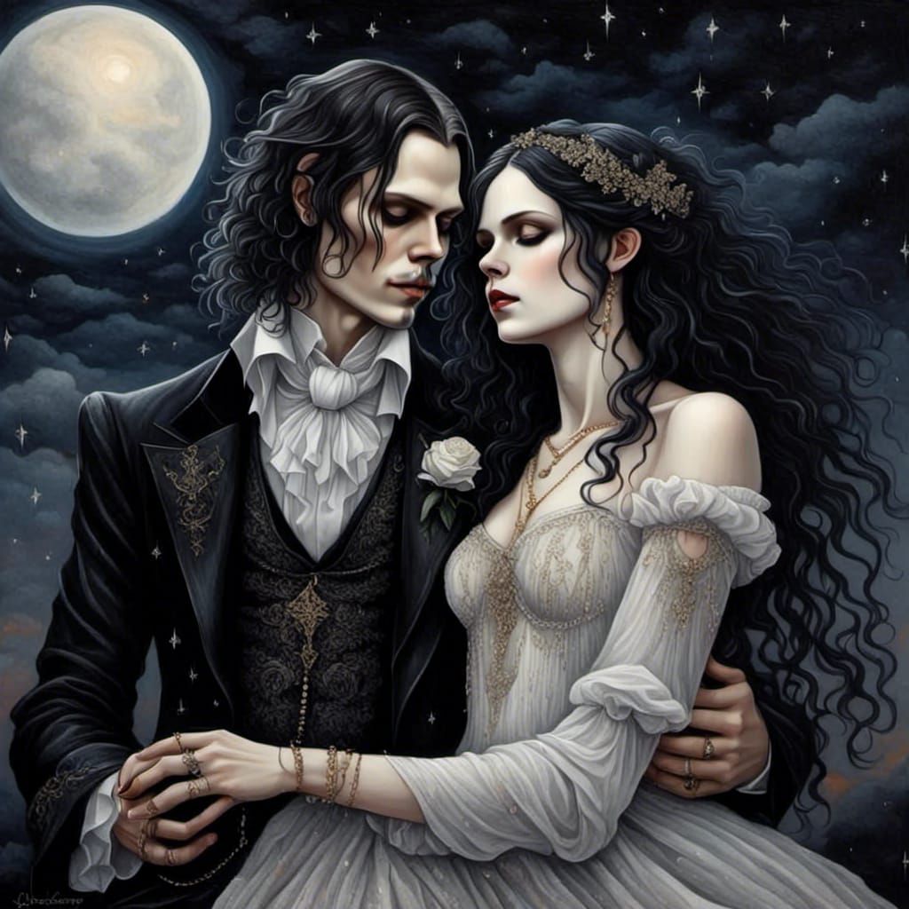 gothic bride under sparkly night sky with her groom - AI Generated ...