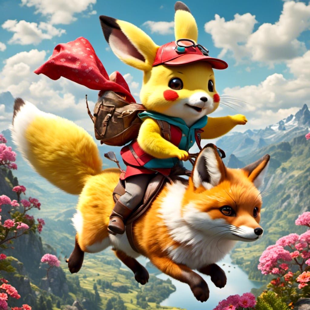 <lora:Adorable 3D Real:1.0> Pikachu riding on a fox