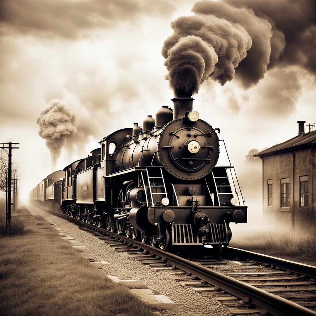 vintage steam locomotive, foggy industrial landscape, ethereal charm, analog photography, historical significance, craftsmanship, moody atmo...
