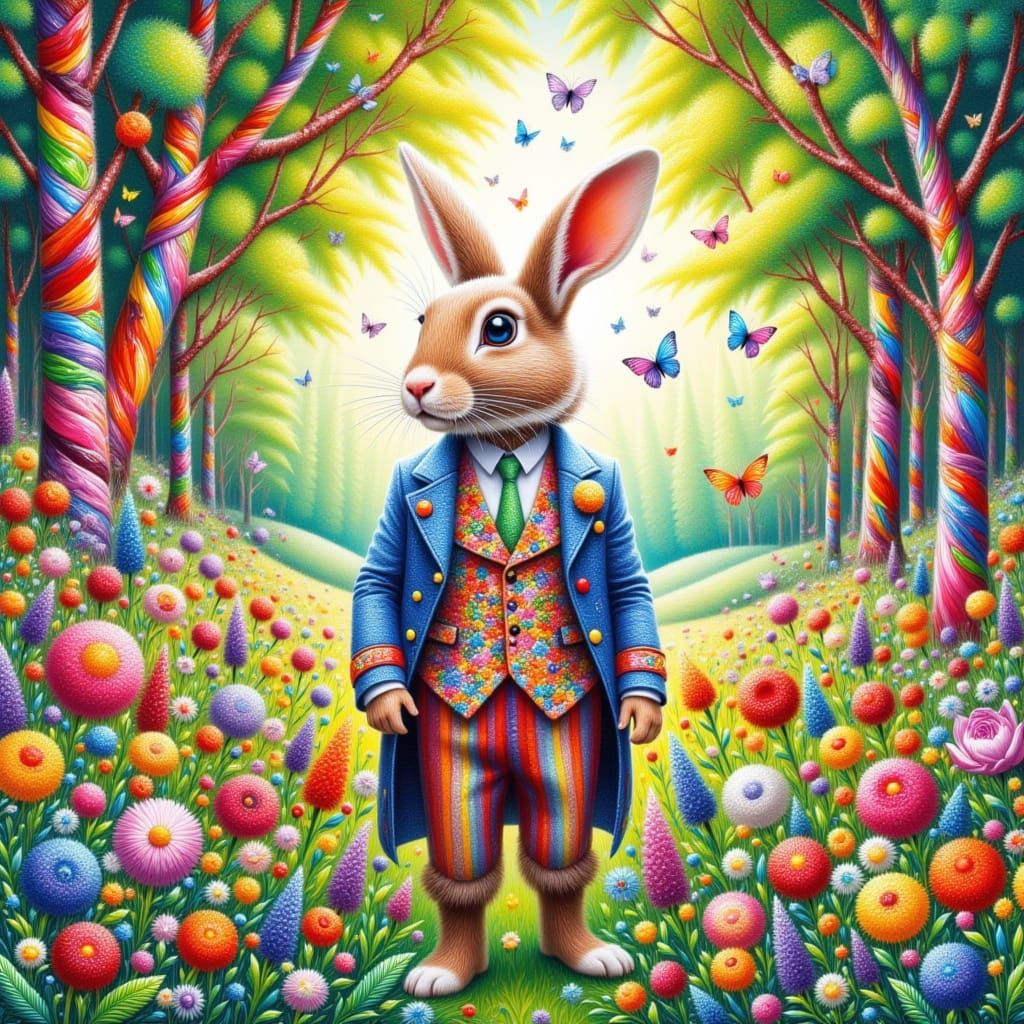 <lora:kak-colorful Impasto:1.0> colorful rabbit in a suit in a colorful garden