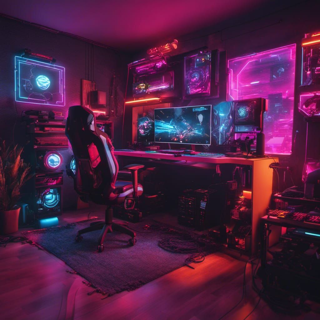 cyberpunk gaming setup betroom with neons and colourful lights