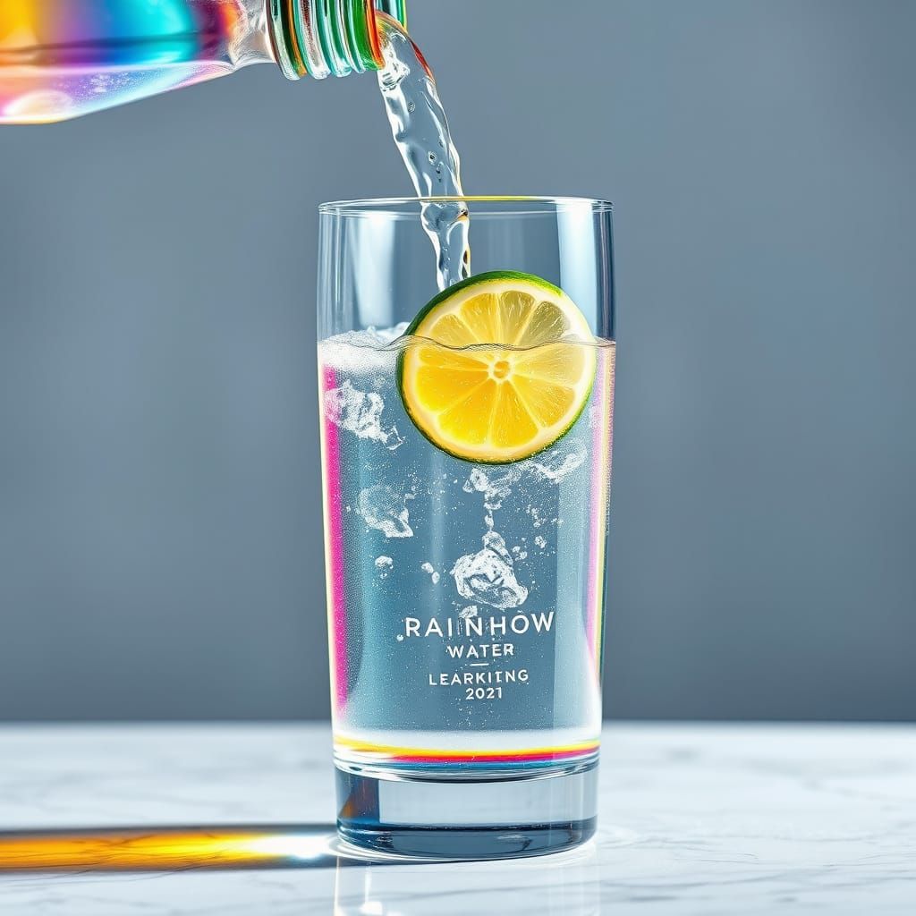 Rainbow bright clean sparkling water being poured into a glass with a lime slice.
