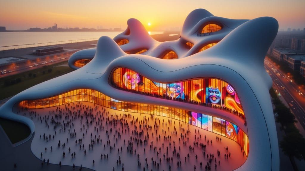 Aerial picture of Zaha Hadid Architecture in sunset, colorful neon art of a middle-aged bald man with a gentle smile and a white spiral bind...