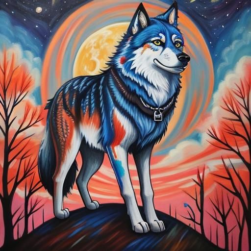 Wolf Howling at Moon in Dreamlike Landscape
