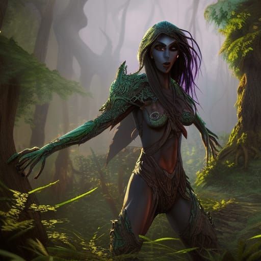 female dark elf in mutated forest