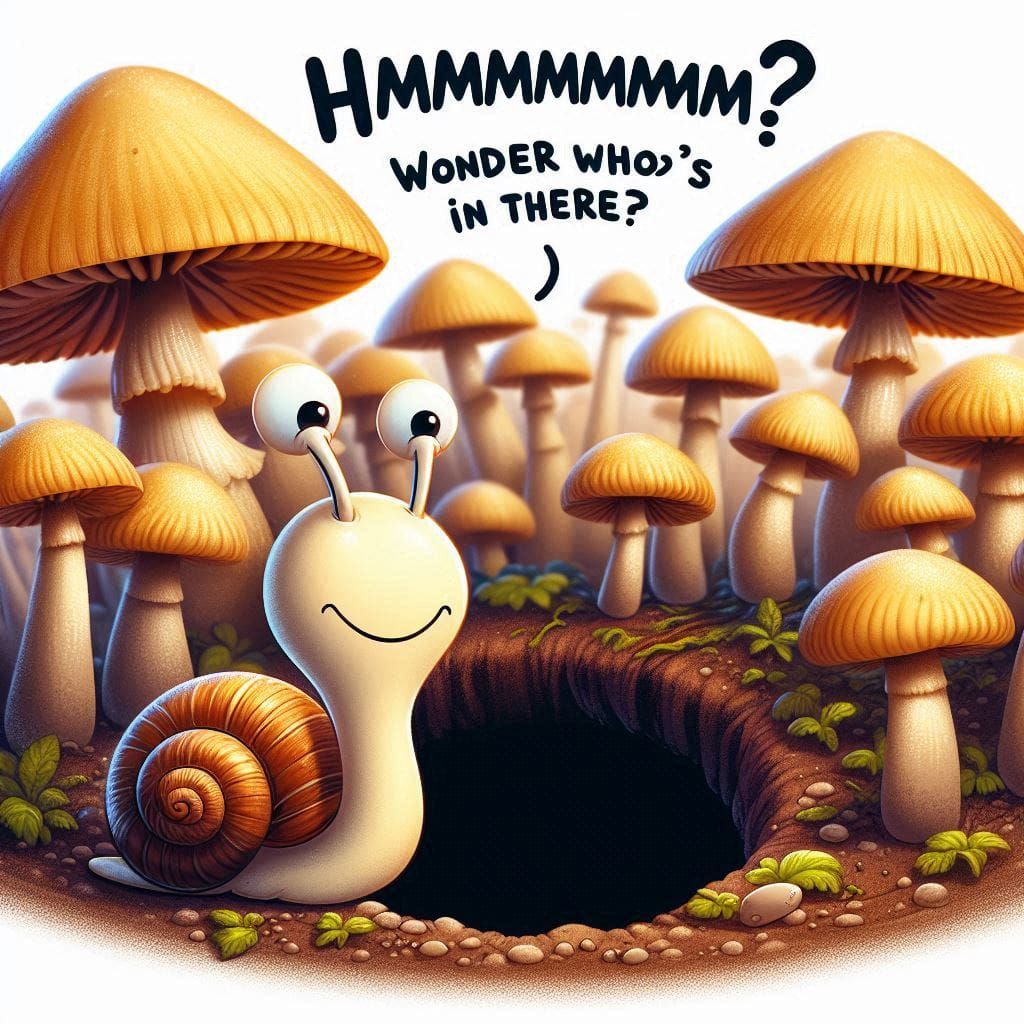 Curious Snoopy the snail wonders who lives in that hole