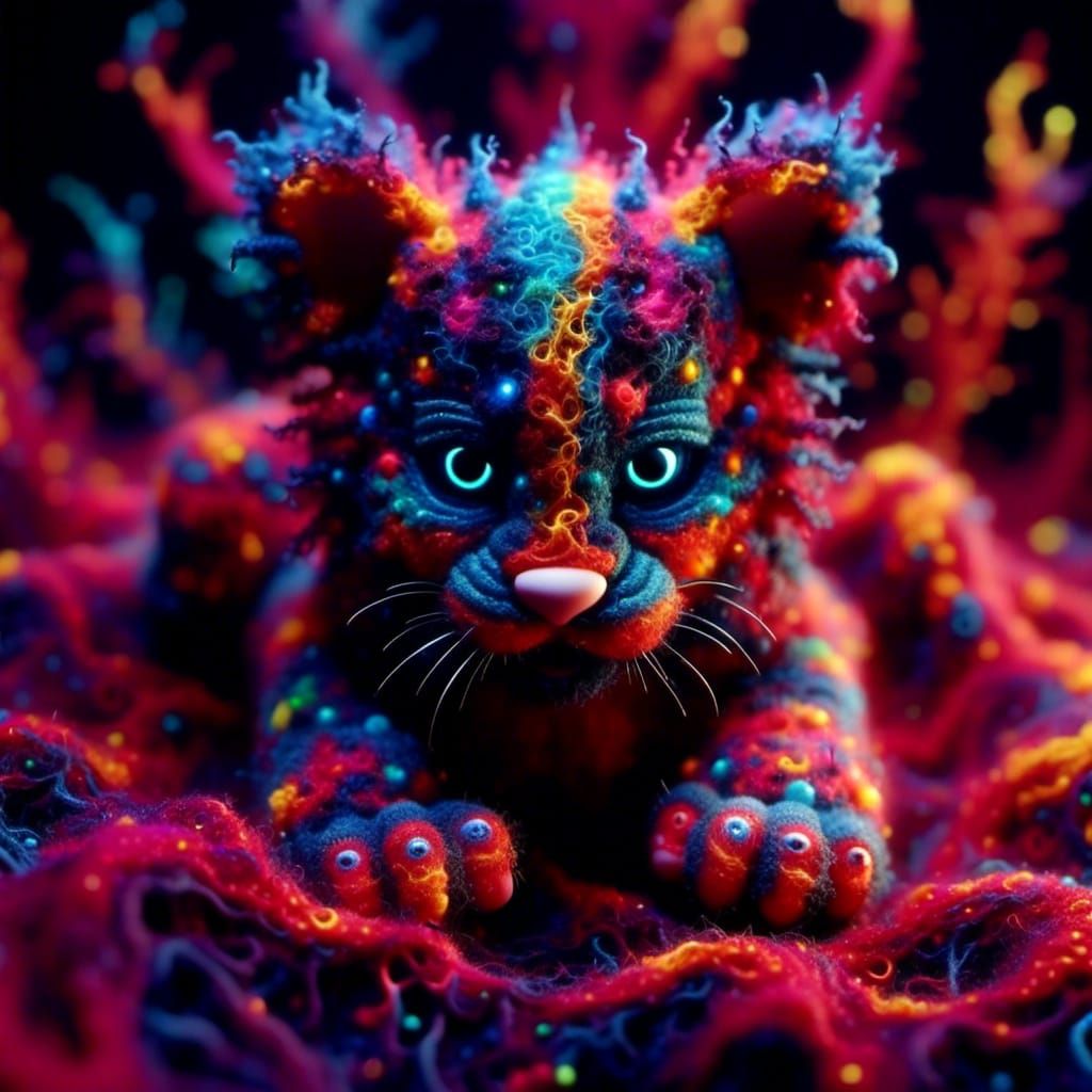 <lora:Psynanigans:1.0> a misschievous tiger cub. Triadic colors, organic coral texture