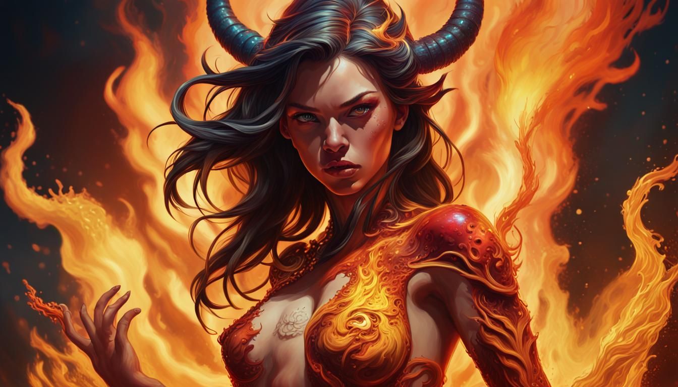 A She-Devil stands in a sea of ​​fire.