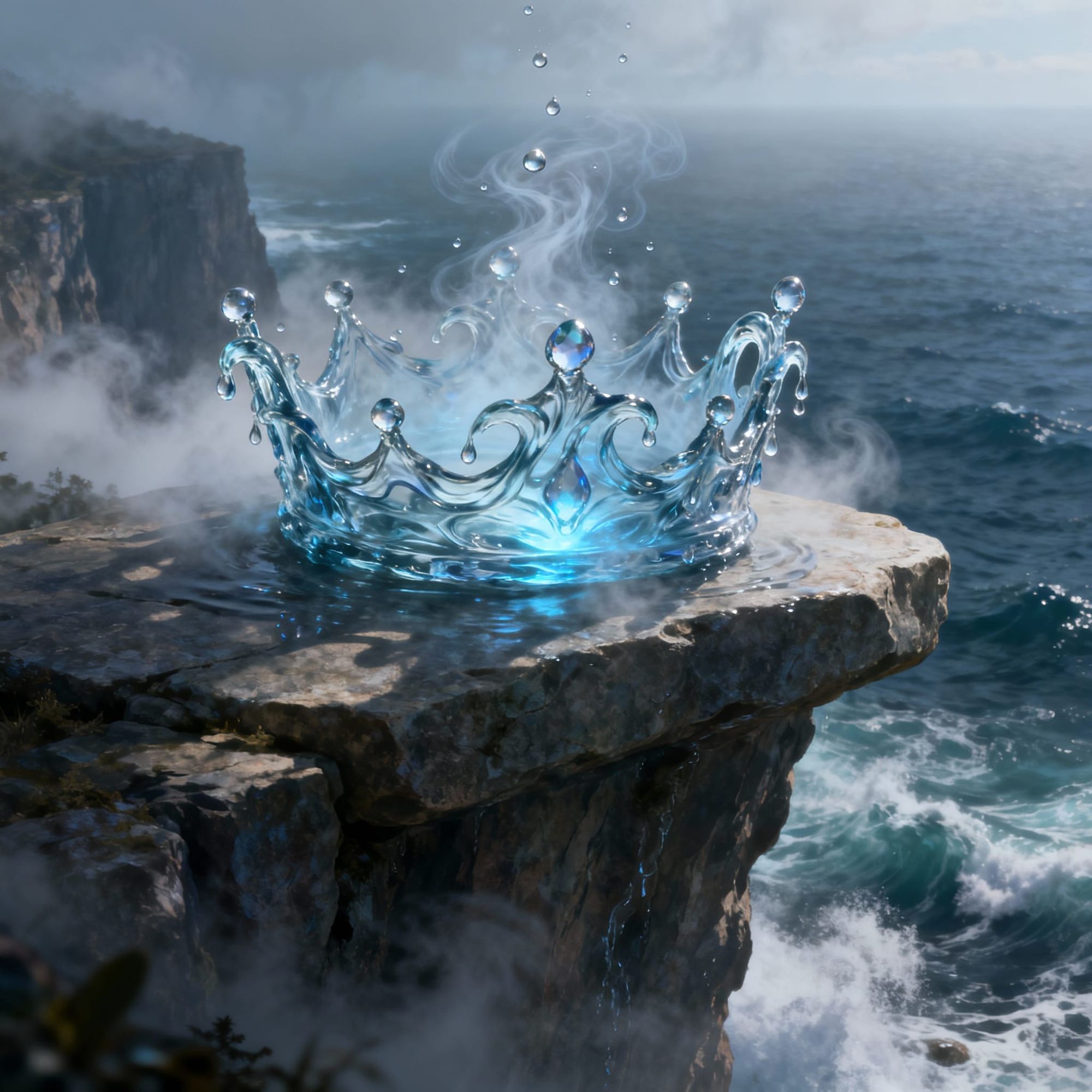 On a massive stone slab standing at the edge of a high cliff rests the Crown of the Water Kings — a miraculous crown made entirely of flowin...