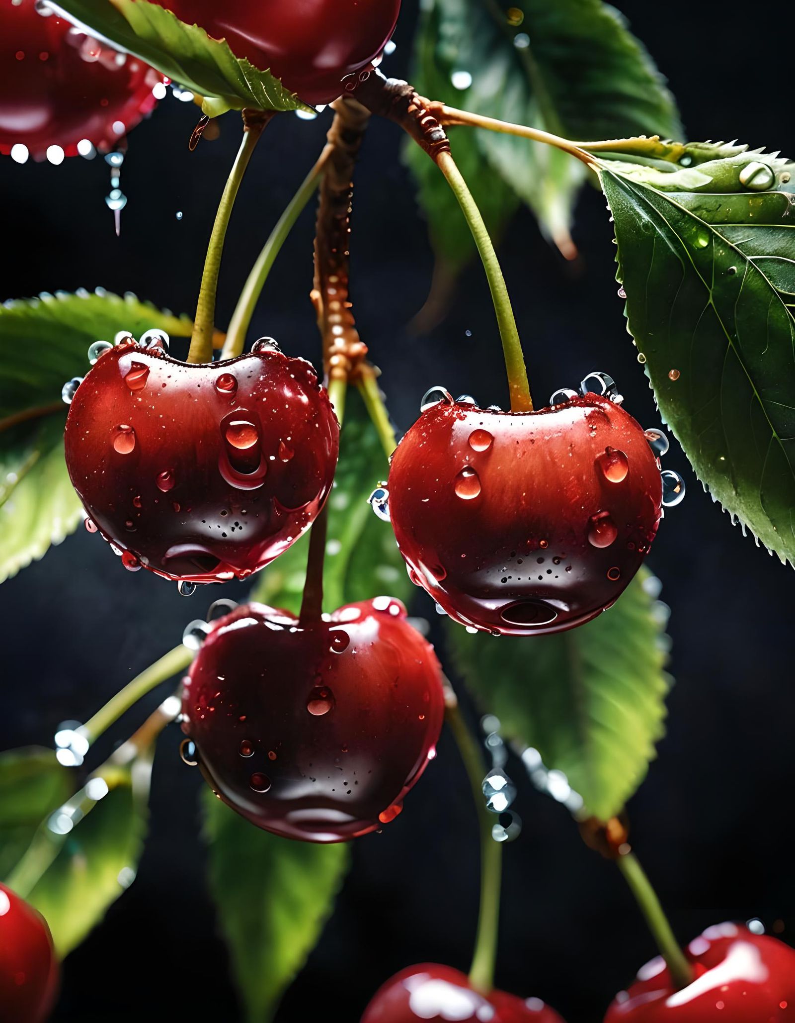 Watercolour Painting, Hyper realistic pair of vibrant Cherries, crystal clear condensation on them, Cinematic ...  by @Dawnn