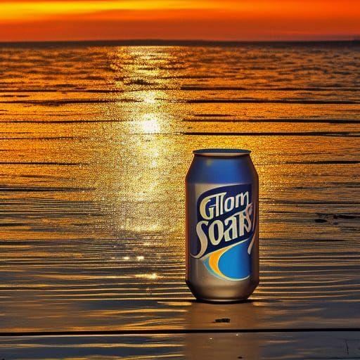 Glistening soda can mirrors the colors of a sunset sky
