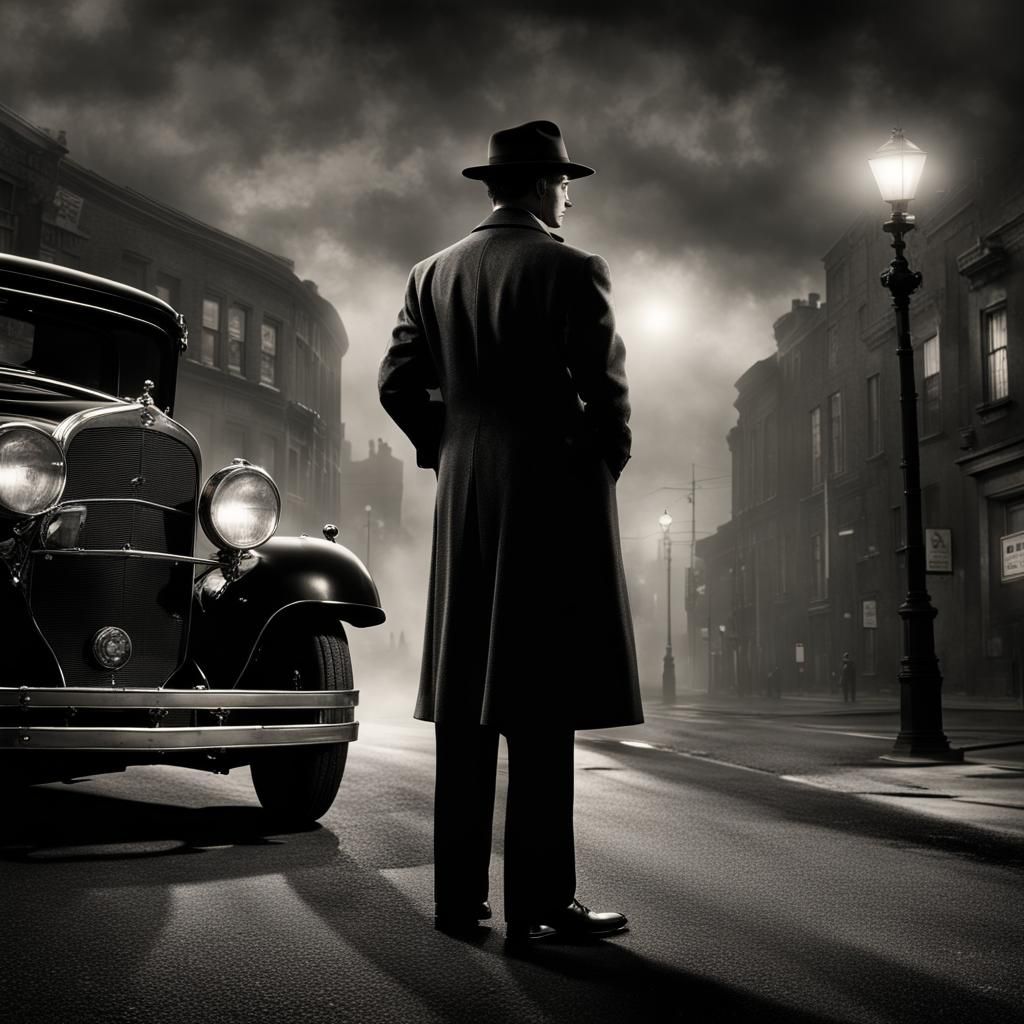 1930s detective with black fedora and suit, standing at a corner of a road, film noir, black and white ...  by @David Grewcock