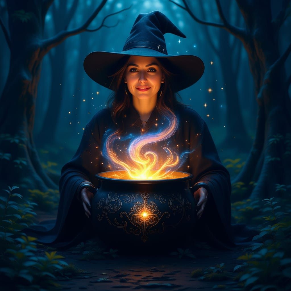 Masterpiece Monday. A surreal depiction of a witch's cauldron bubbling with a swirling vortex of stars and galaxies, casting an ethereal glo...