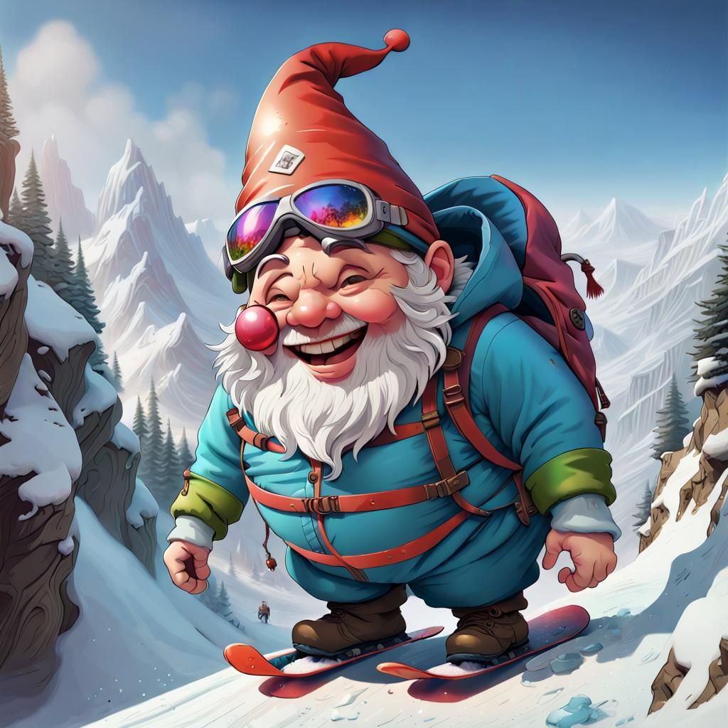 Happy Gnome Snowboarding: Detailed Fantasy Art