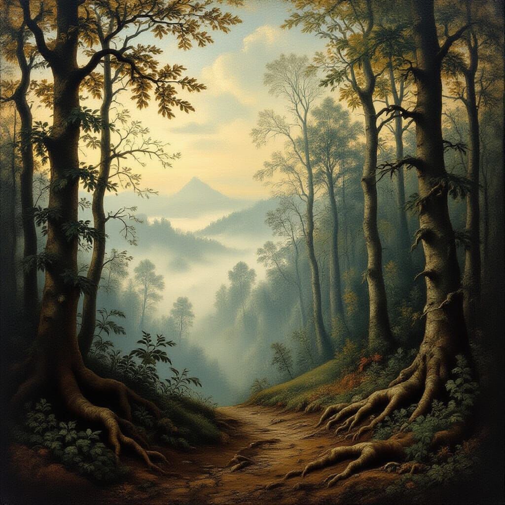 Oil on linen, 16th-century Renaissance landscape in the manner of early Flemish masters: a narrow earthen ...  by @Tomazi