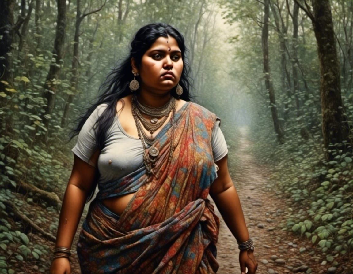<lora:Hyperrealistic face:1.0> A hyperrealistic chubby young Indian  woman walking in the forest. InsanelyDetailed face.