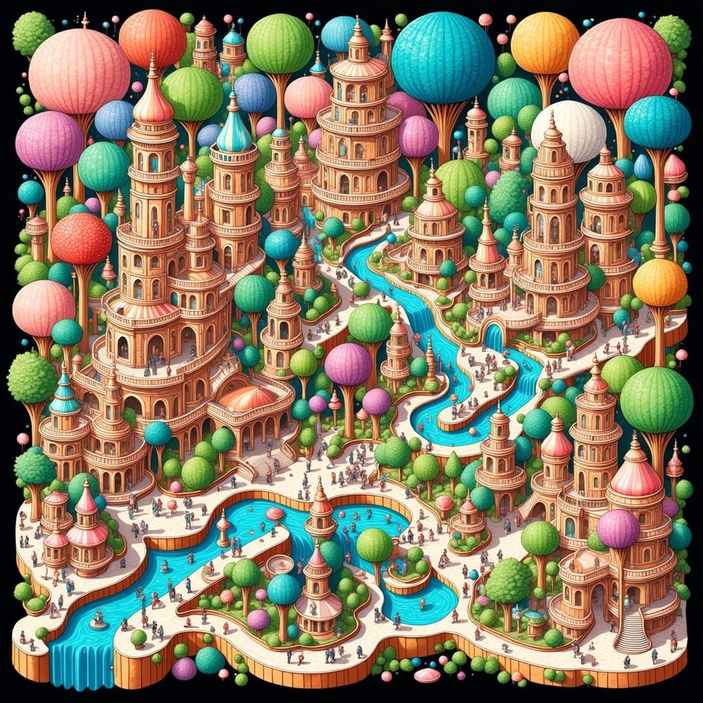 <lora:Isometric-art:1.0> A 3D isometric candy land village. Whimsical Tim Burton inspired. Intricate and meticulous. Mountains and rivers ma...