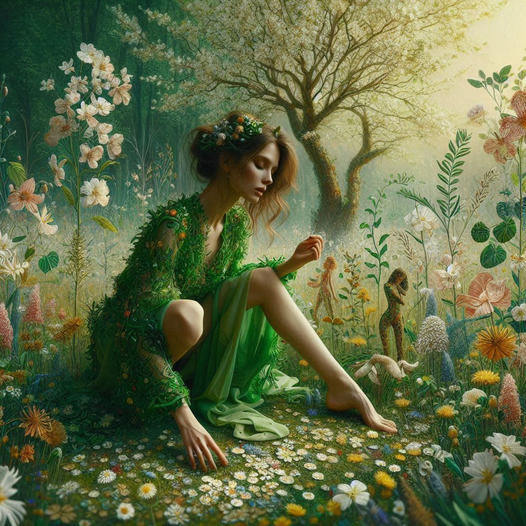 woman dressed in green flowering grass, barefoot