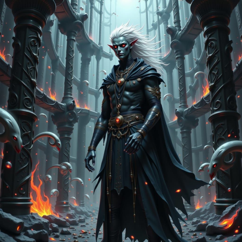 Ethereal fantasy concept art. A drow warrior stands in a bioluminescent cavern. She wears a web choker and carries a magical insignia. The c...