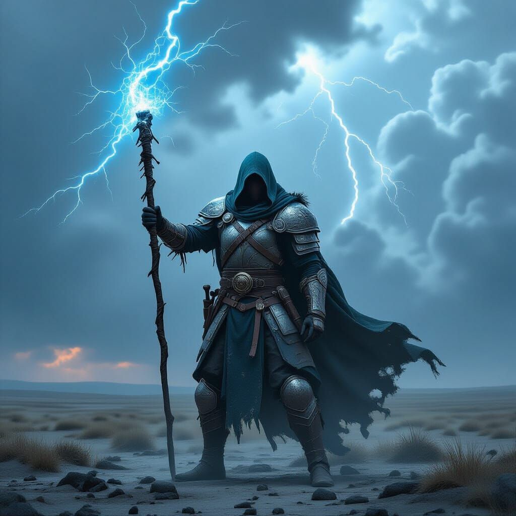 A lone warrior, clad in ornate, battle-worn armor, stands on a desolate, windswept plain under a stormy, alien sky. Their weapon, crackling ...