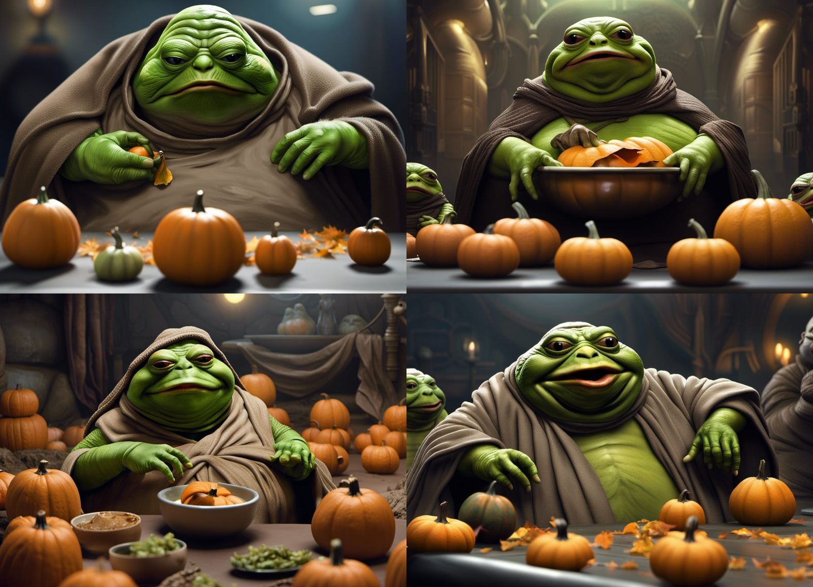 Kermit as Jabba the Hutt, eating pumpkins, 3DHR photo masking Superfine ...