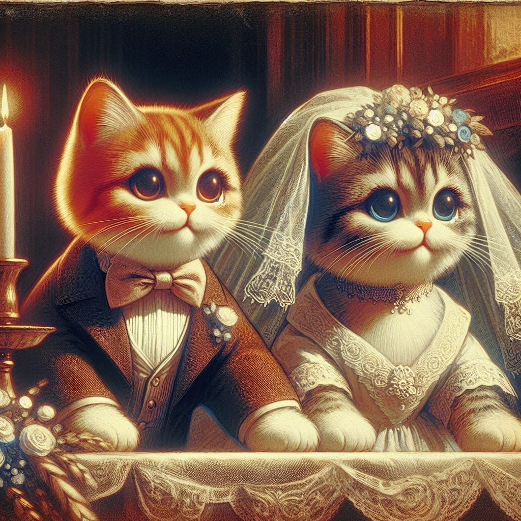 Cats Celebrate Their Wedding Day: Painted Illustration