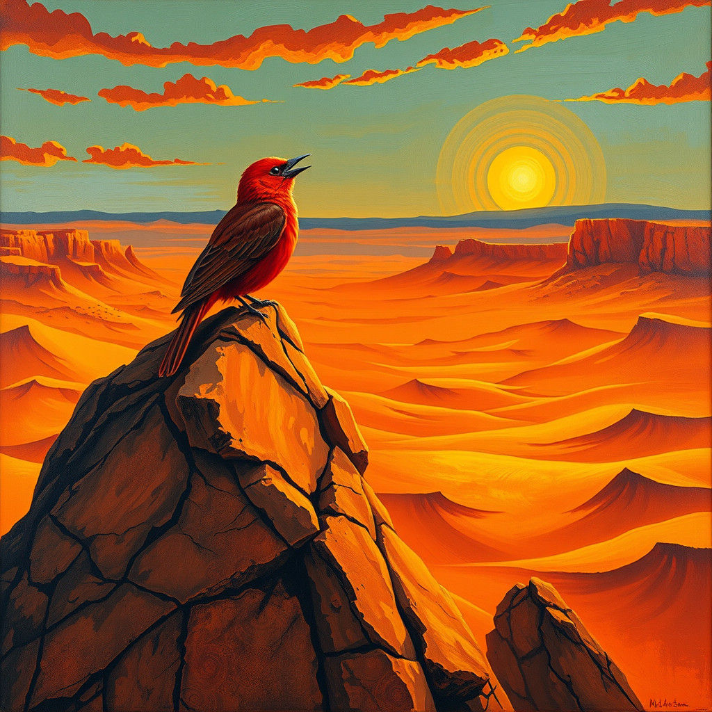Crimson Songbird Sings in Golden Landscape