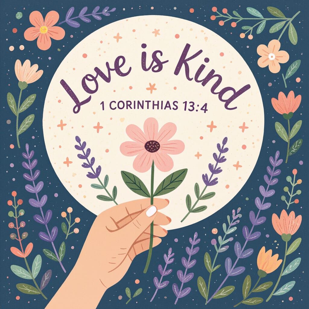 Create a typographic design for a simple hand giving a flower. Add “Love is Kind” include scripture reference 1 Corinthians 13:4 in round fr...