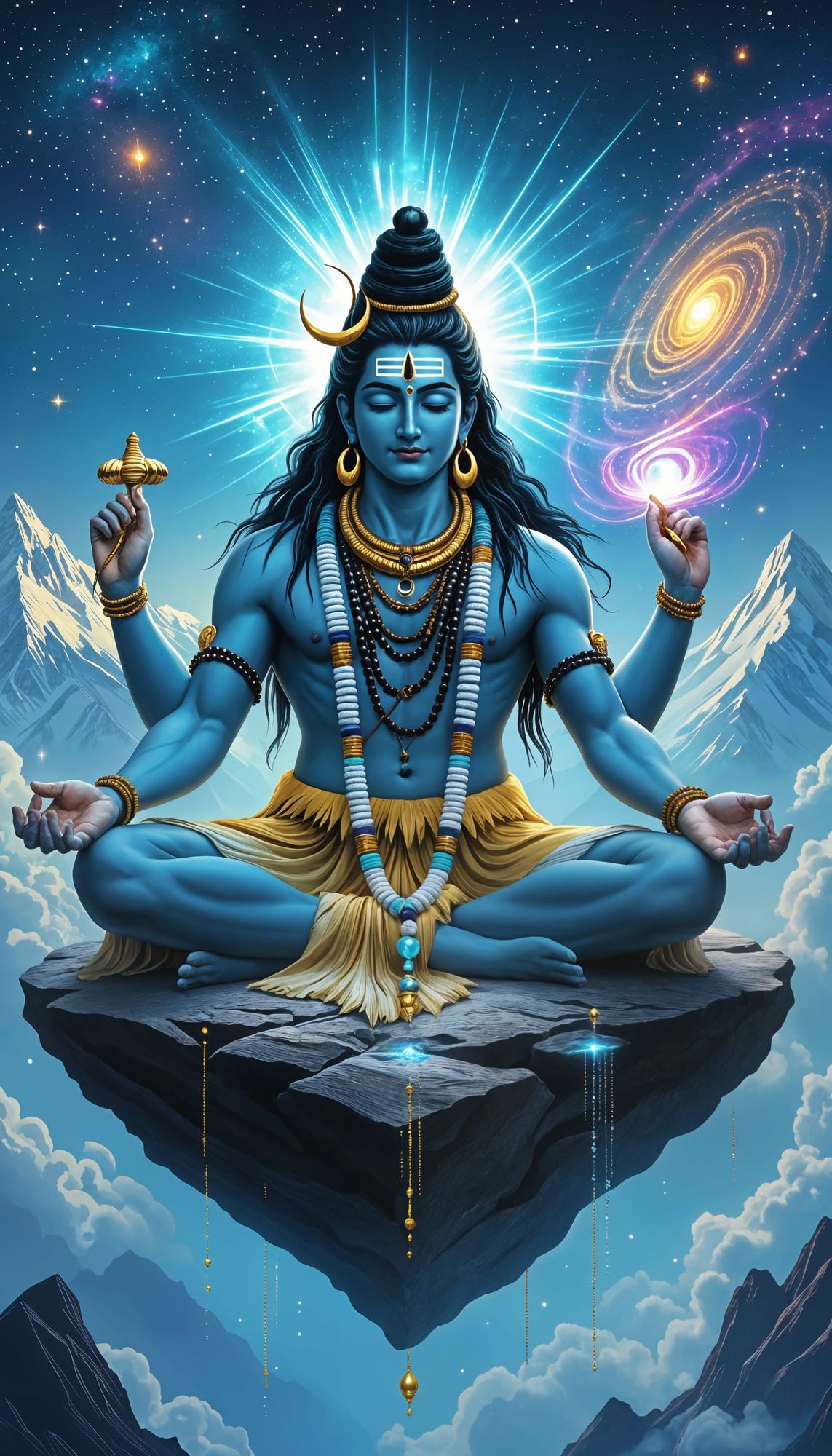 A surreal, ultra-detailed 16:9 4K divine artwork of Lord Shiva in deep cosmic meditation, floating on a sacred rock above the Himalayas, rad...