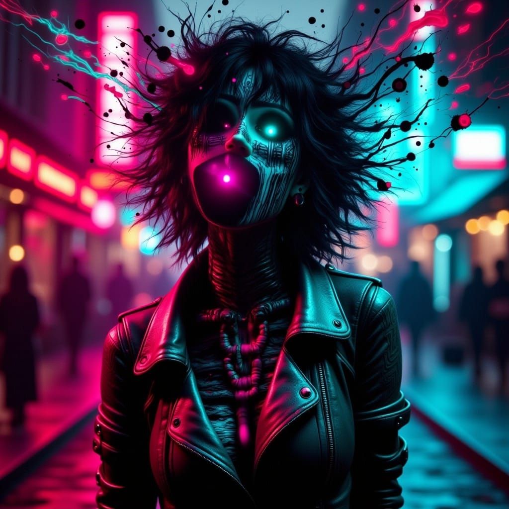 An alternative woman on a cyberpunk city street. Ink drips. Dynamic lighting <lora:AlternaInk:1.0> 