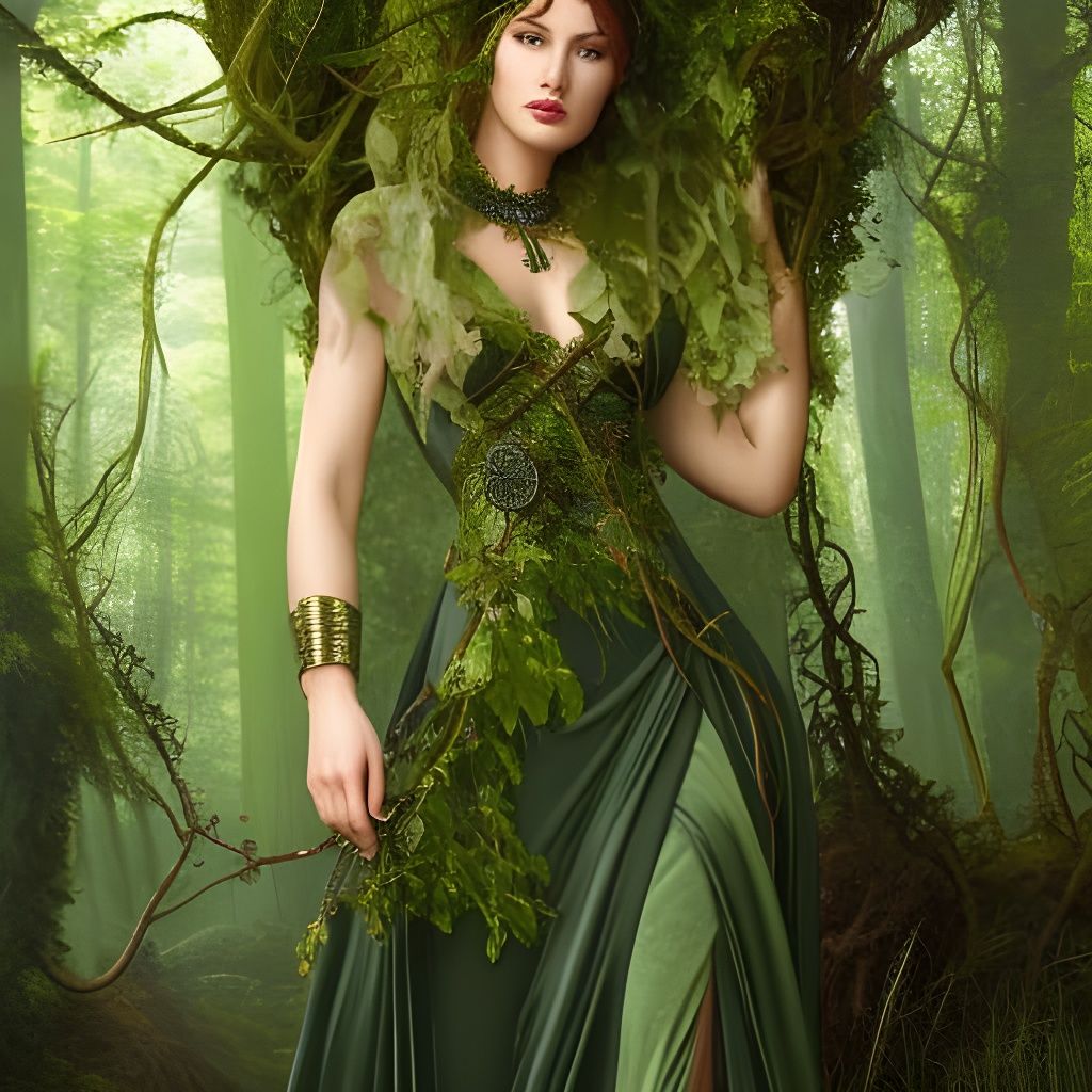 Beautiful Celtic priestess dressed in green velvet dress, in a mystical ...