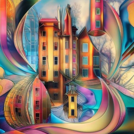 urban abstraction in maximalist style, bright colors unusual shapes, Julie Verhoeven, seaside town
