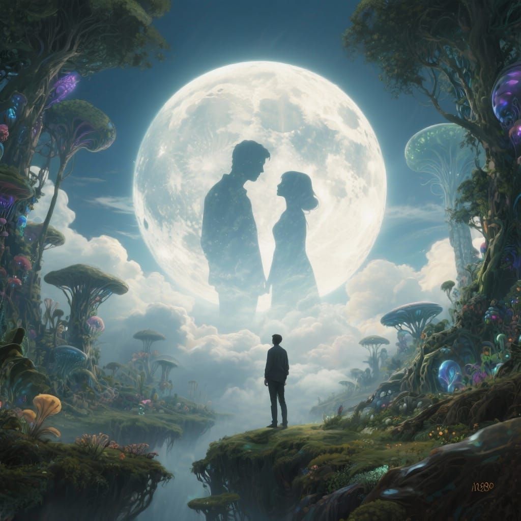 A surreal landscape where a boyfriend's silhouette is projected onto a vast, ethereal moon that itself floats amidst a sea of clouds. The 'm...