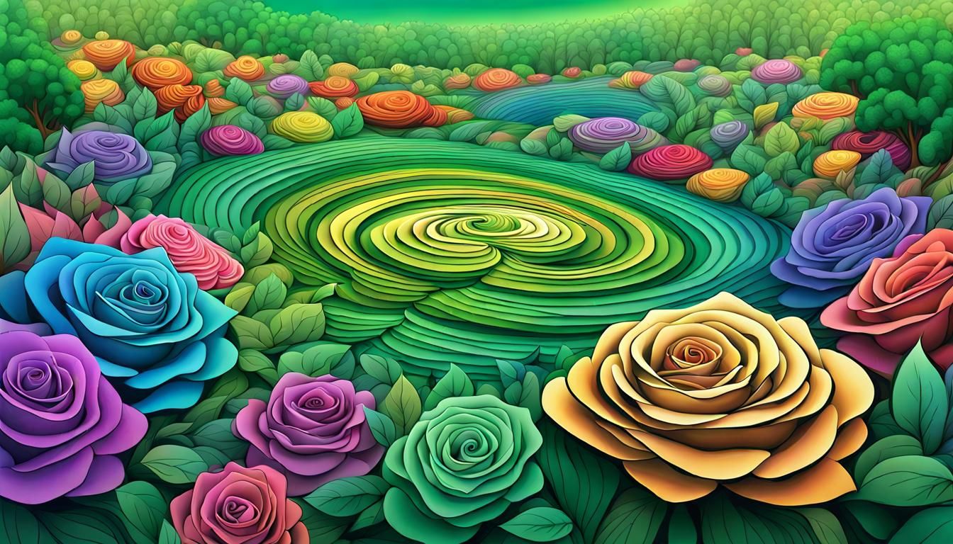 Draw a flower garden with rainbow roses in the middle. Add o...