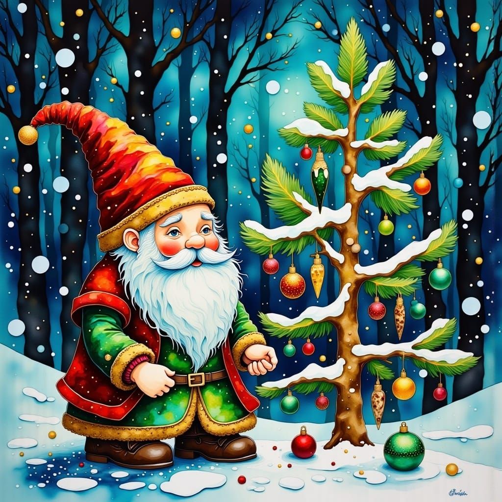 <lora:whimsical ink:1.0> nordic gnome decorate fir tree in snowy forest at night, high details, masterpiece,vladimir zarubin