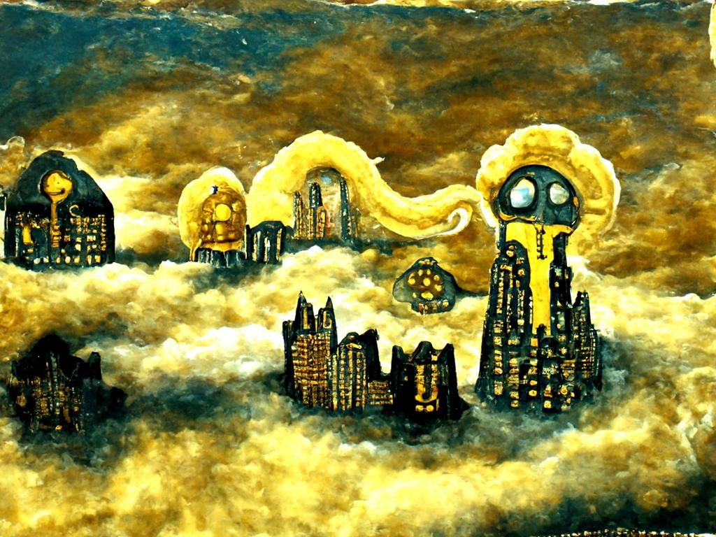 Golden city in the clouds Eldritch folk art sci-fi