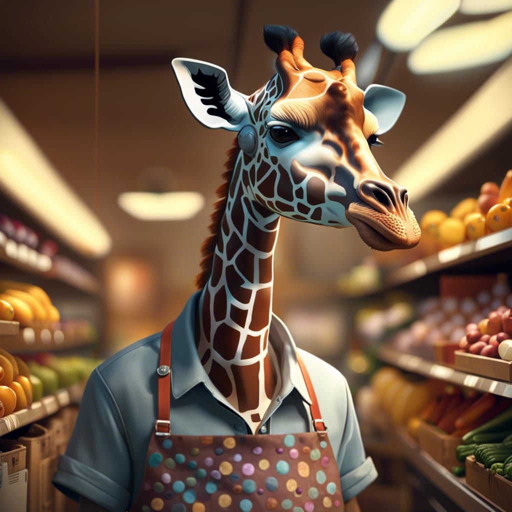 giraffe wearing an apron working in a grocery store
