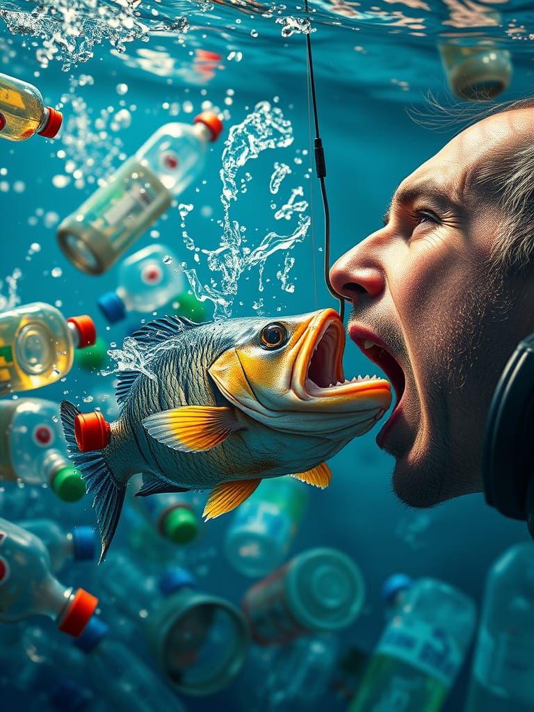 Hyperrealistic Man and Fish in Plastic Ocean