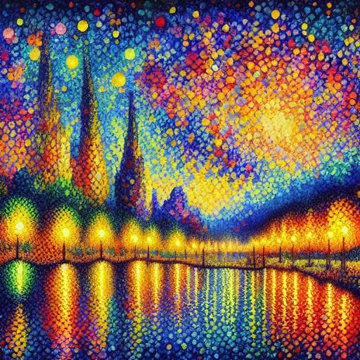 <lora:WaterPoint15:1.0> watercolor Signac appeal pointillisme painting  of abstract landscape , vibrant light, primary color palette, High r...