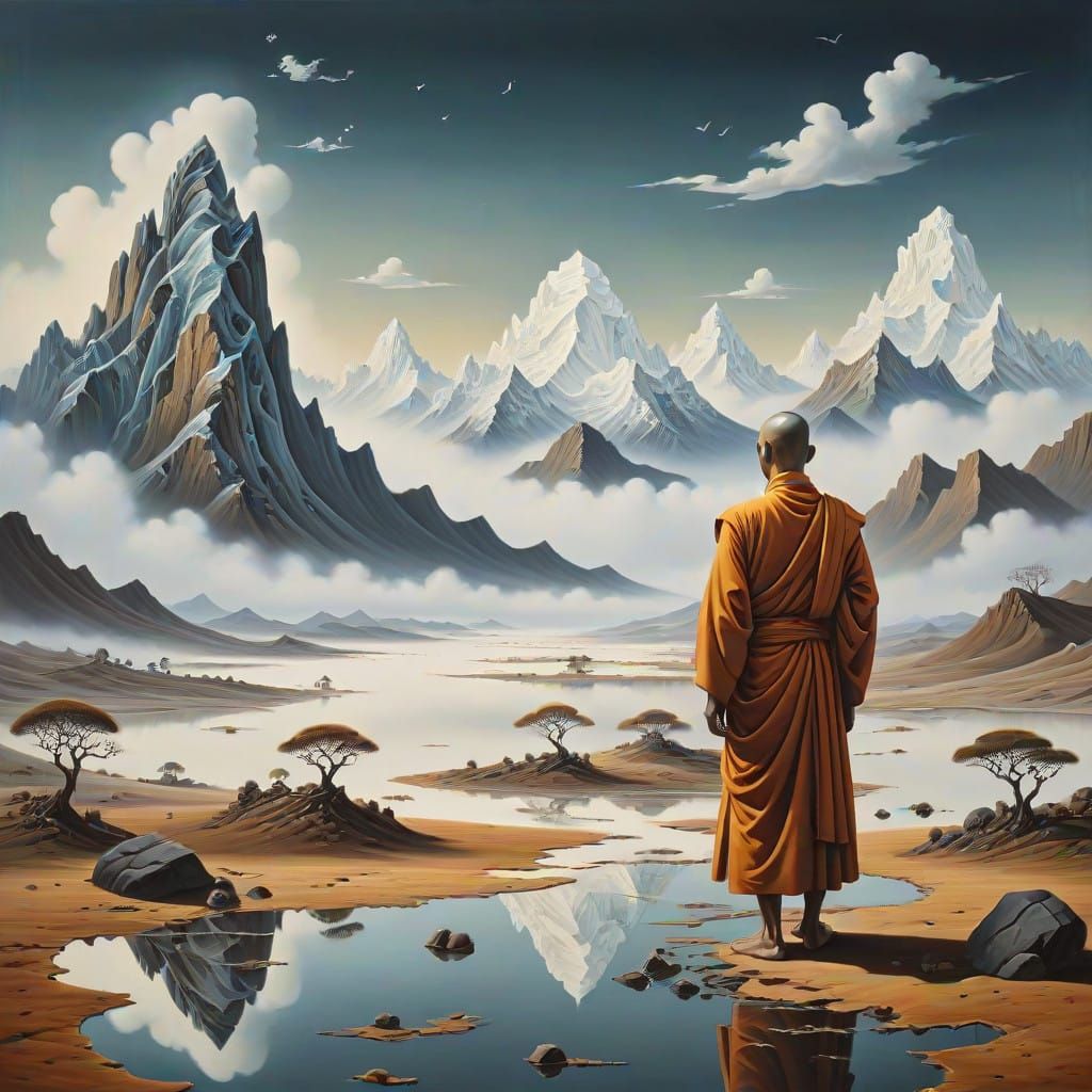 Surrealist Buddhist Monk in a Melting Landscape Painting