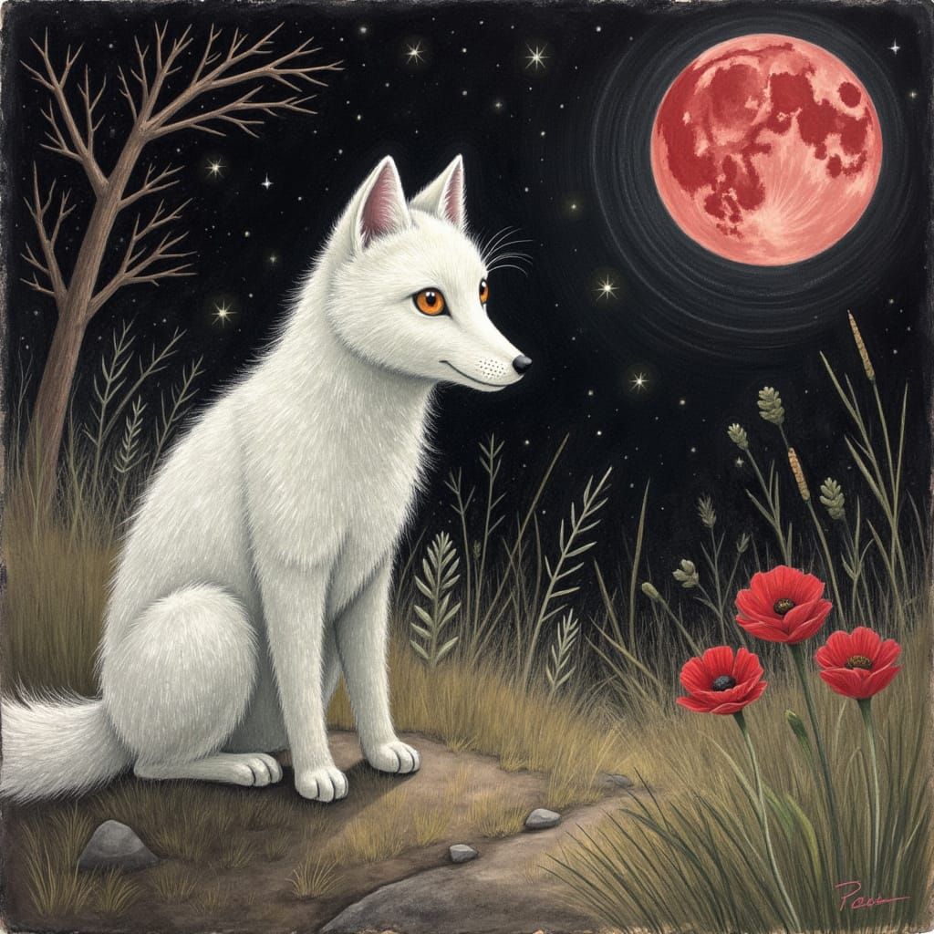 realistic white fox looking at a bloodmoon in an impressionist encaustic painting by Stewart Edmondson :: Peter Doig :: Anselm Kiefer :: Amy...